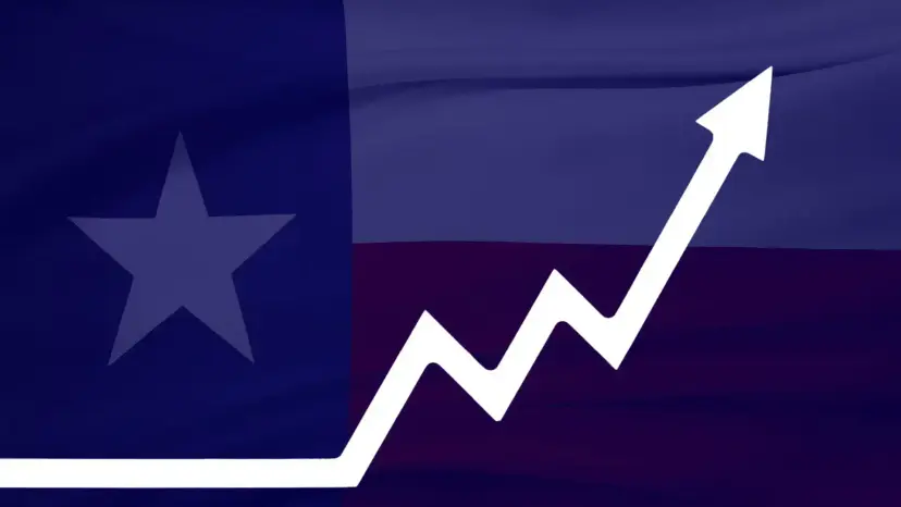 A white arrow trending sharply upward across a dark blue Texas flag.