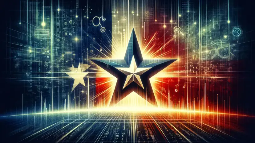 Digital illustration of a glowing star over red, white and blue data streams and circuit lines.