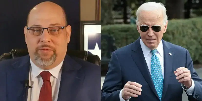 Split image of Daniel Miller in a suit and red tie beside an older man in aviator sunglasses.