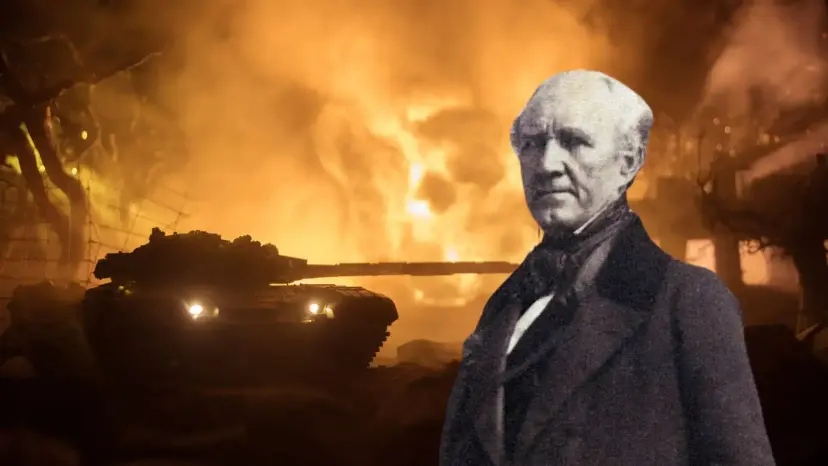A portrait of Sam Houston set against a burning city with a tank in silhouette.