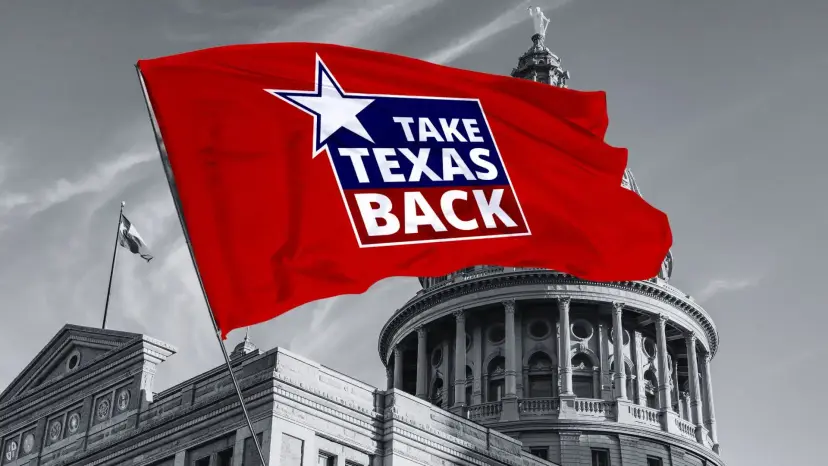 Red flag reading 'Take Texas Back' waving in front of the Texas Capitol dome in black and white.
