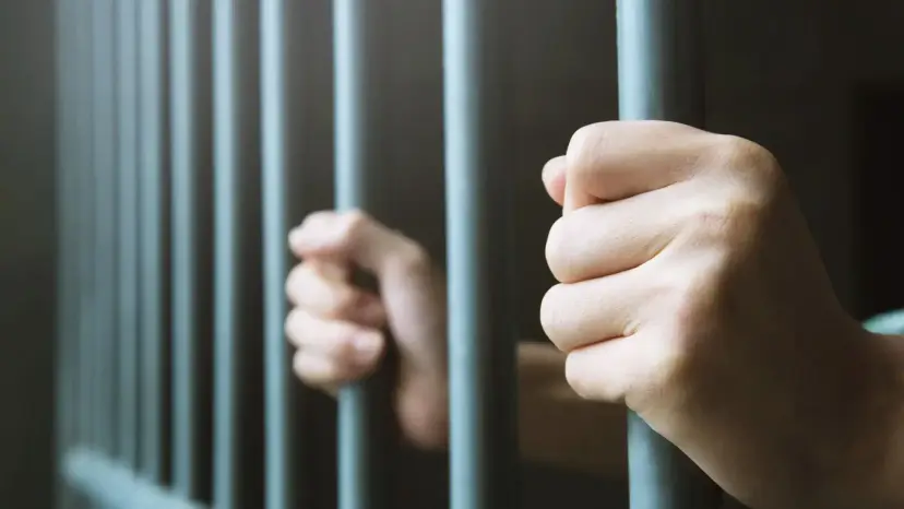 Two hands gripping the metal bars of a jail cell.