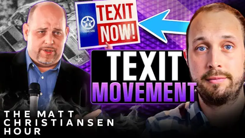 The Matt Christiansen Hour thumbnail with a bald man at a microphone, a 'TEXIT NOW!' sign and 'TEXIT Movement' text.