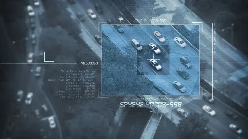 An aerial surveillance display tracking a car on a highway, with targeting brackets and satellite data readouts.