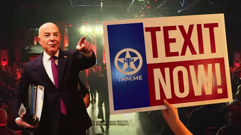 Alejandro Mayorkas points toward a crowd as a hand holds up a 'TEXIT Now!' sign.