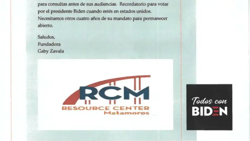 Scanned Spanish-language letter from Resource Center Matamoros urging a vote for Biden, with a 'Todos con Biden' logo.