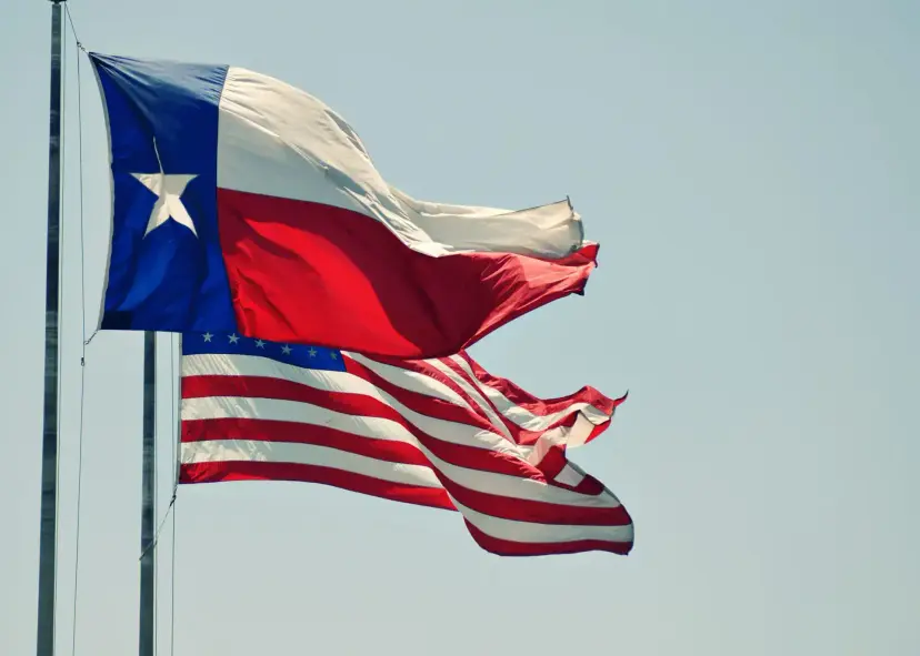 A tattered Texas flag and United States flag flying on poles against a pale sky.