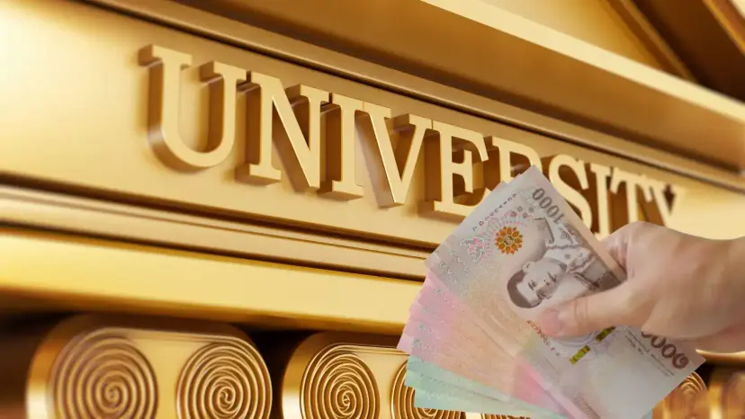 A hand holding a fan of paper banknotes in front of a gold building facade engraved 'University.'