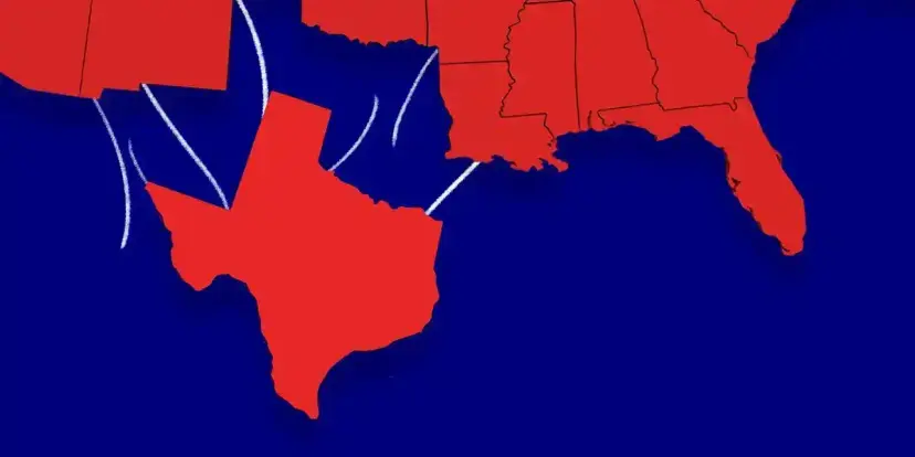 Map graphic of Texas and neighboring southern states in red on dark blue, with white lines separating Texas.