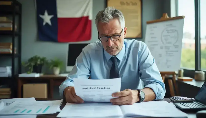 A man in glasses and a tie reads a document titled 'Post-Texit Taxation' at a desk below a Texas flag.