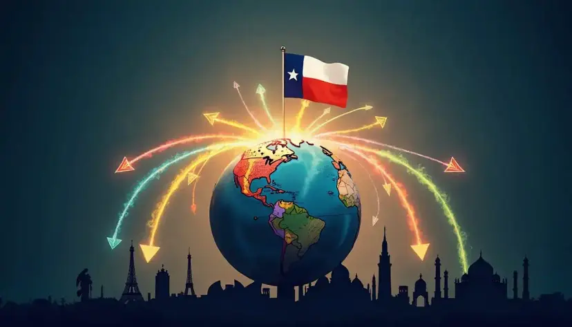Illustration of a globe topped by a Texas flag, with colorful arrows arcing out over a skyline of world landmarks.