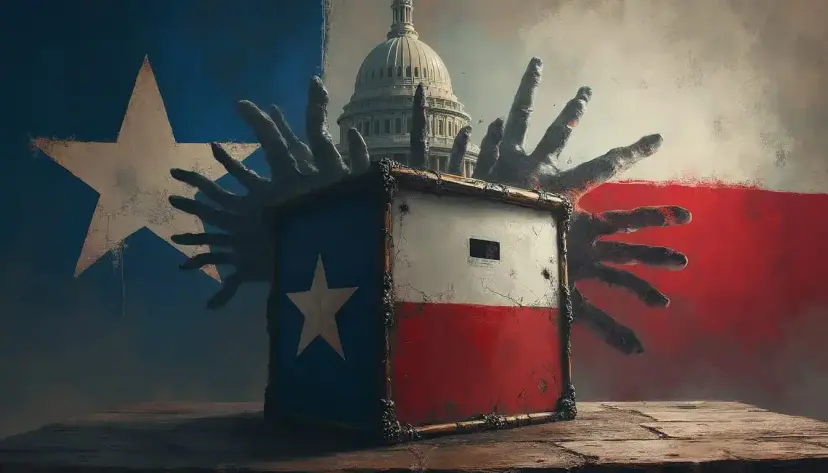 Ballot box painted as a Texas flag with dark hands reaching out of it, a capitol dome behind.