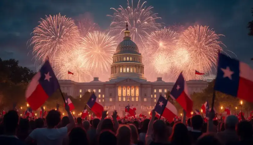 Crowd waving Texas flags in front of the Texas Capitol at night as fireworks burst overhead.
