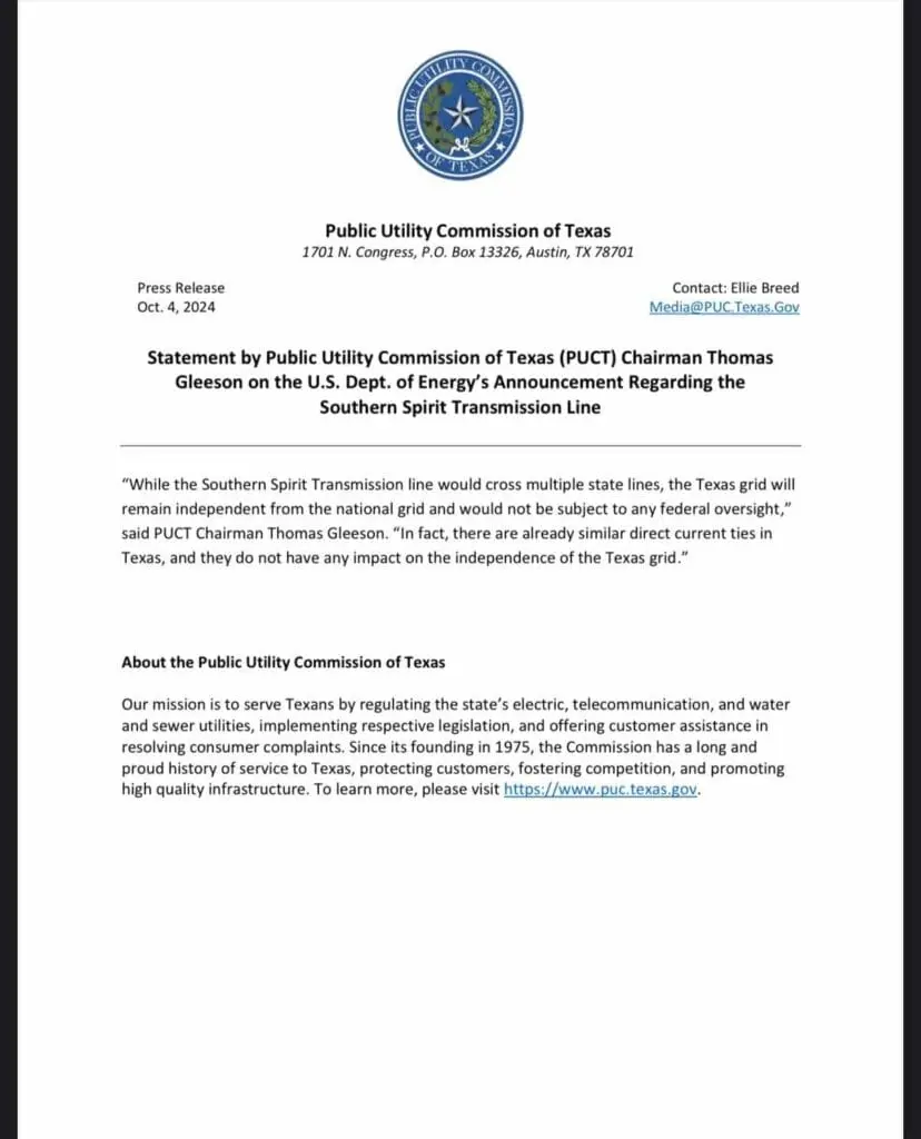 Public Utility Commission of Texas press release with a statement on the Southern Spirit Transmission Line.
