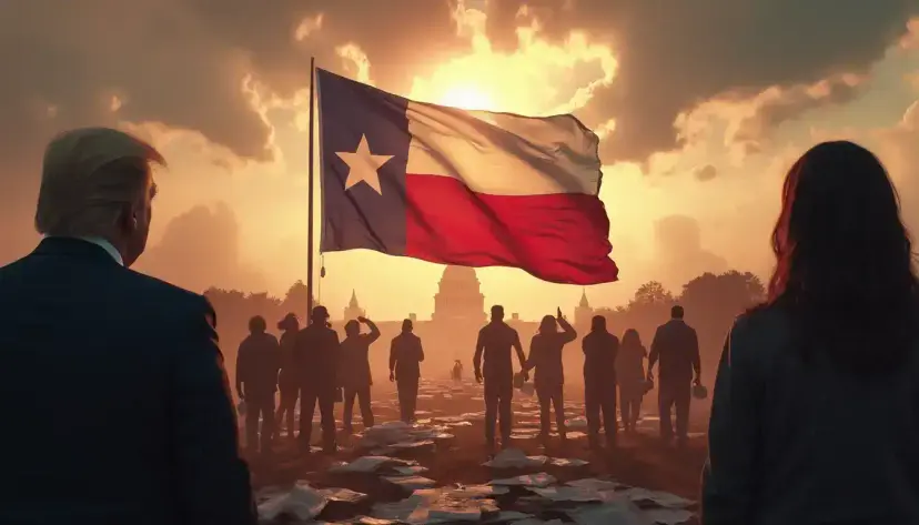 Two figures seen from behind watch a crowd walk toward a Texas flag under a glowing, stormy sky.