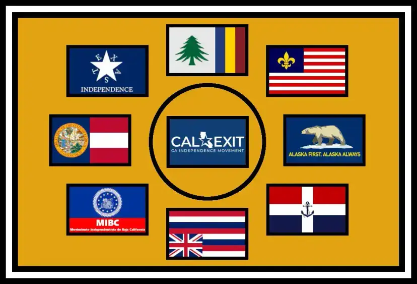 Flags of independence movements, including Texas, CalExit, Alaska, Hawaii and Baja California, arranged on a gold background.