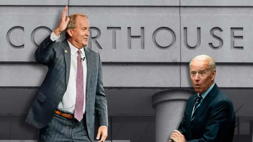 Ken Paxton waves in front of a courthouse wall while an older man in a dark suit looks on, surprised.