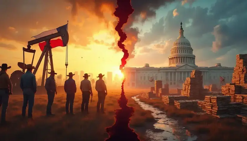 Illustration split by a jagged crack, cowboys by an oil pump jack facing the U.S. Capitol and stacks of cash.
