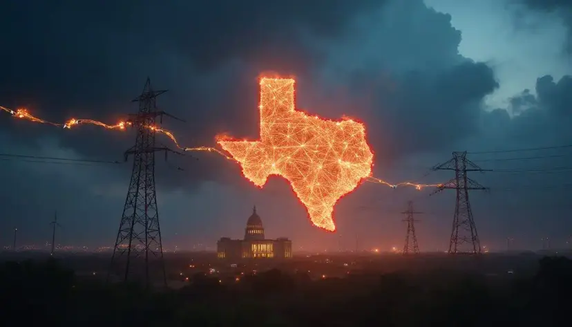 A glowing orange outline of Texas over power transmission towers and the Texas Capitol under storm clouds.