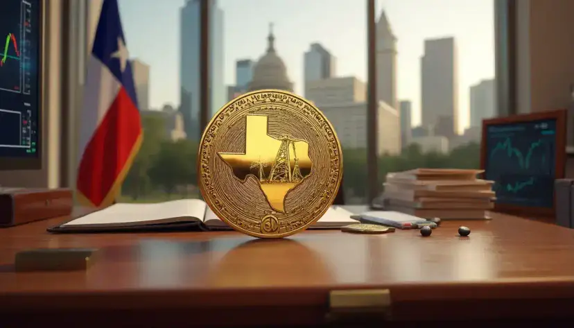 A gold coin showing the outline of Texas and an oil derrick on a desk, a Texas flag behind.