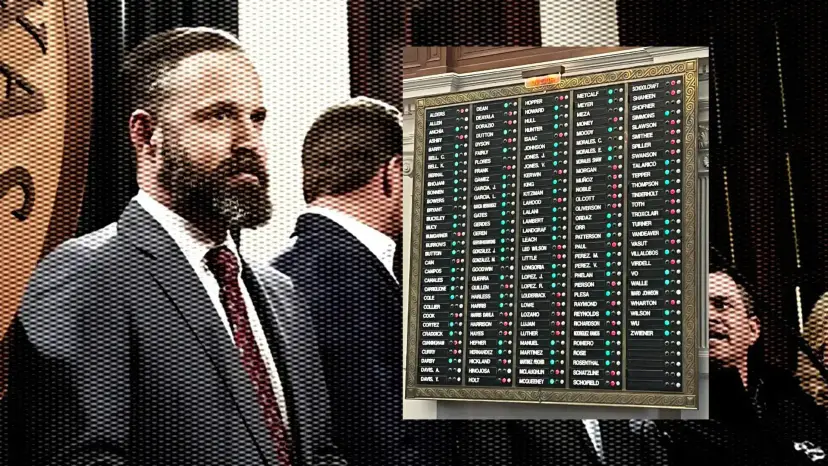 A bearded lawmaker in a suit stands on the Texas House floor beside the electronic vote board.