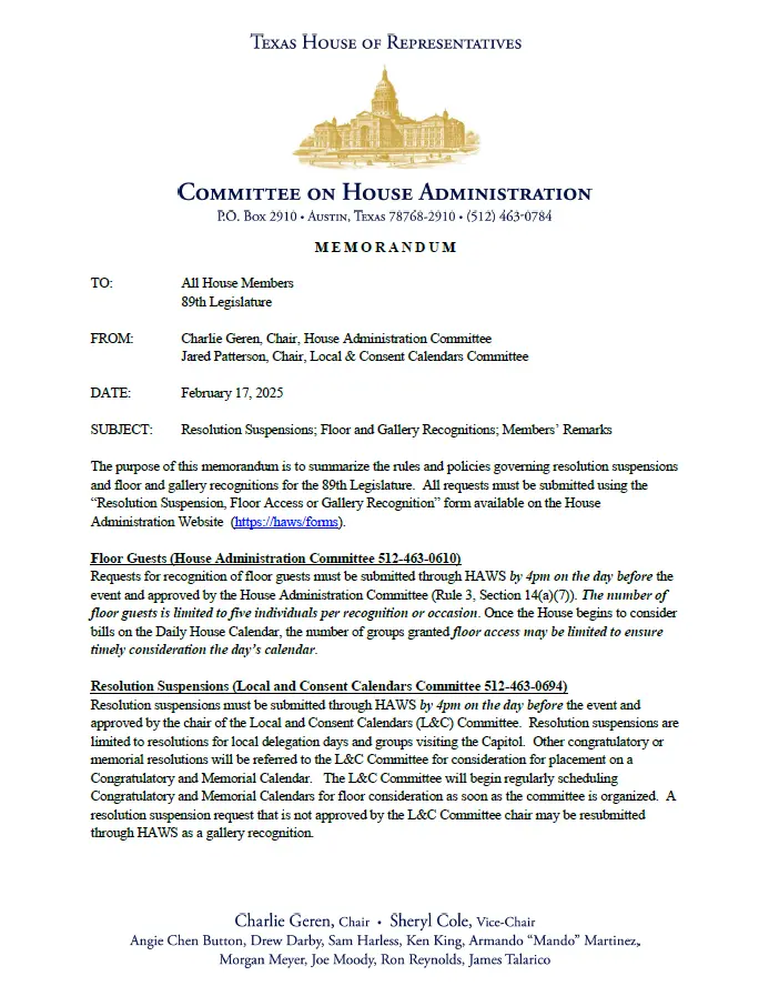 Texas House Committee on House Administration memo dated February 17, 2025, on floor recognitions and members' remarks.