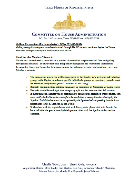 Texas House Committee on House Administration memo listing guidelines that limit members' remarks during gallery recognitions.