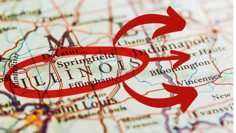 Road map with Illinois circled in red and three red arrows pointing east toward Indiana.