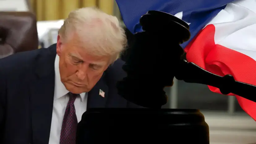 Donald Trump looks down beside a large judge's gavel and a Texas flag.