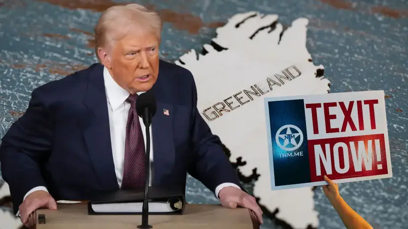 Donald Trump speaking at a podium before a map of Greenland, with a hand holding a 'TEXIT Now!' sign.