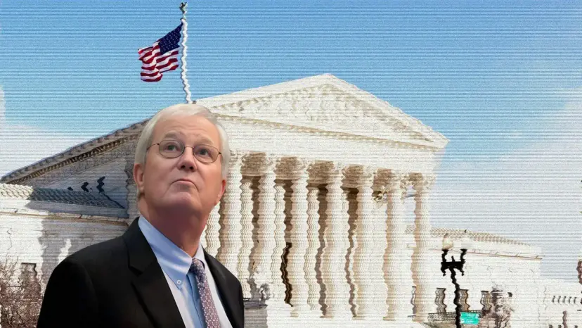 State Rep. Charlie Geren looking upward in front of the Supreme Court building and an American flag.