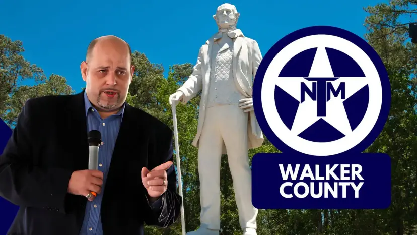 Daniel Miller speaking into a microphone beside the Sam Houston statue and a TNM Walker County logo.