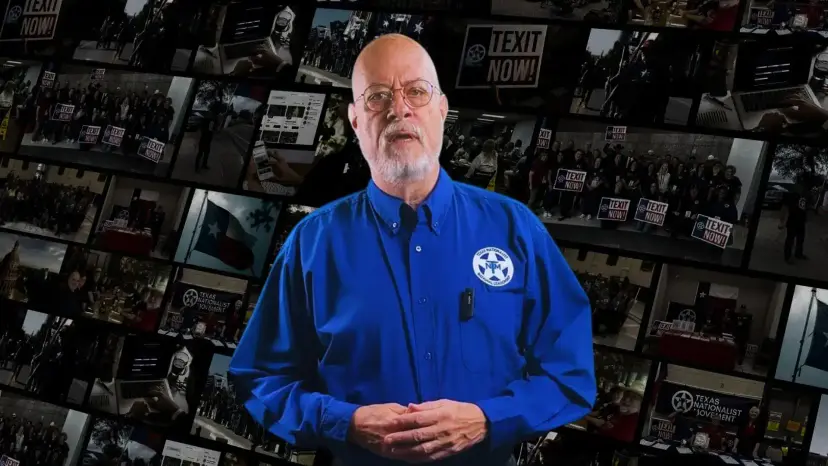 Will Kacy in a blue TNM shirt standing in front of a wall of rally photos with 'TEXIT Now!' signs.