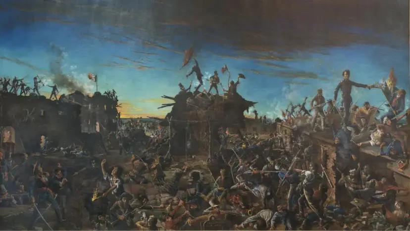 A painting of the fall of the Alamo at dawn, with defenders and attackers fighting across the fort's walls.