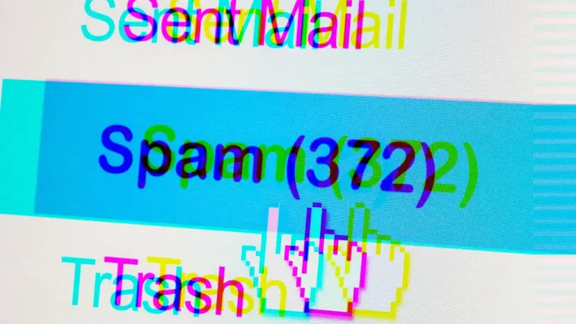 Glitched close-up of an email menu with 'Spam' highlighted and a cursor hand hovering over it.
