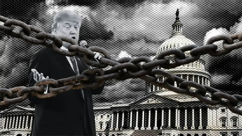 Black and white collage of Donald Trump speaking, with heavy chains stretched across the U.S. Capitol behind him.