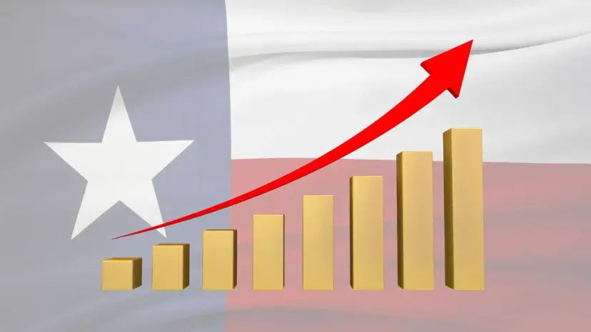 A rising bar chart with a red upward arrow over a faded Texas flag.
