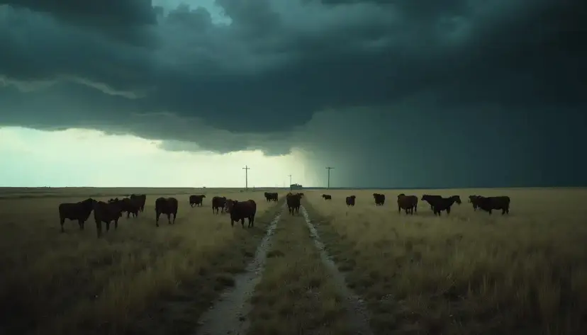 Cattle graze on open prairie along a dirt track as dark storm clouds roll in.