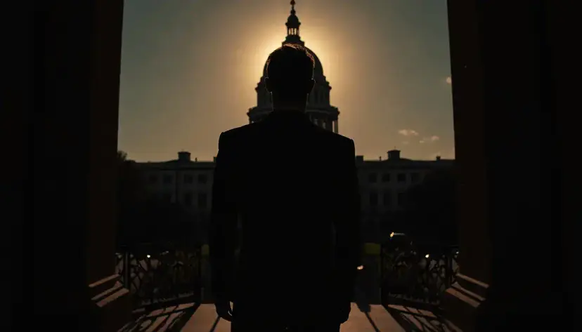 A man in a suit silhouetted between columns, facing a domed capitol with the sun directly behind it.