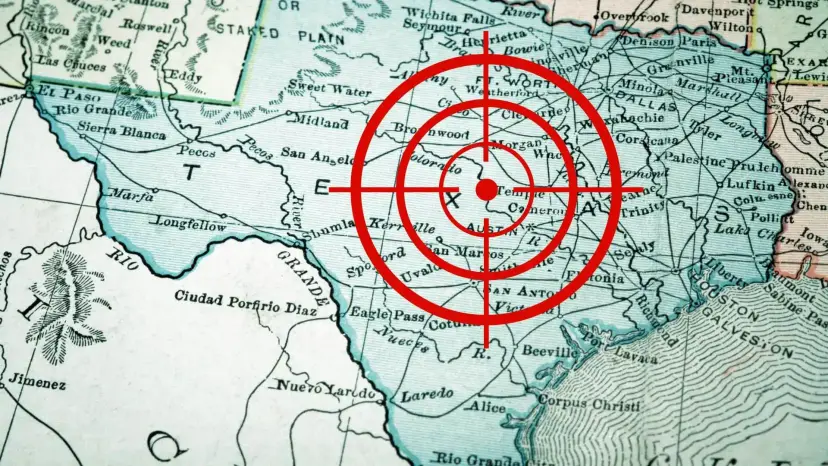 A vintage map of Texas with red rifle crosshairs centered over Central Texas near Austin.