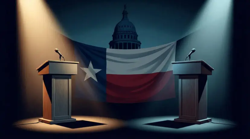 Illustration of two empty debate podiums under spotlights in front of a Texas flag and the Capitol dome.