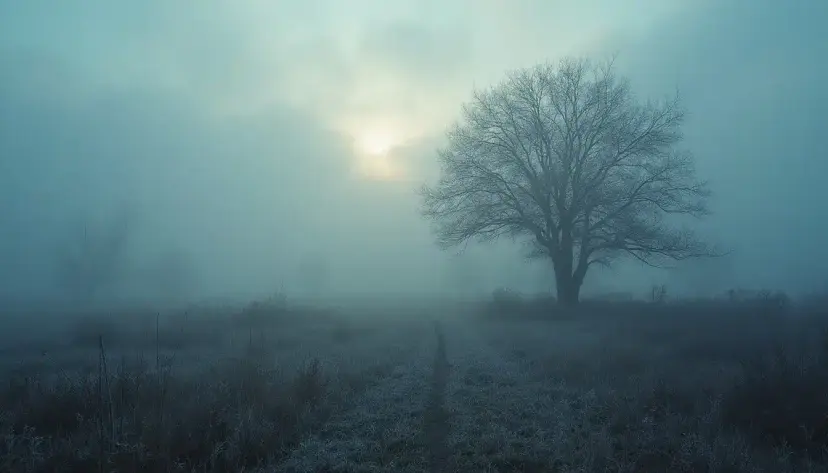 A bare tree stands in a frosty, fog-covered field under a pale winter sun.