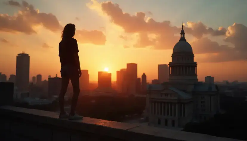 A person silhouetted on a rooftop ledge at sunset, looking toward a domed capitol building and city skyline.