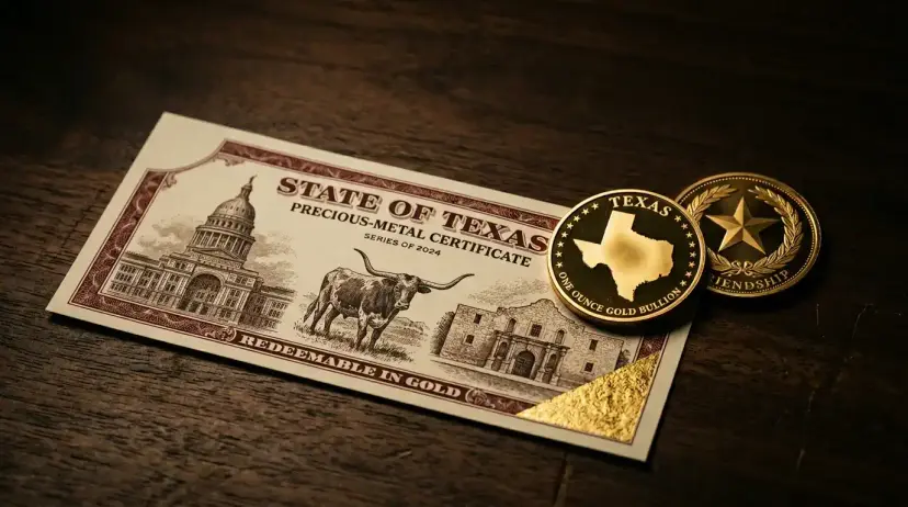 Illustrated State of Texas precious metal certificate reading 'Redeemable in Gold' beside two gold Texas bullion coins.