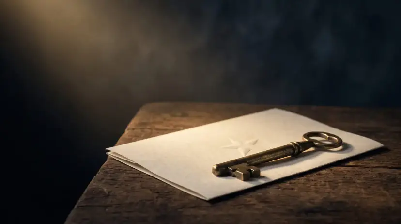 An antique brass key resting on a folded white paper embossed with a star on a wooden table.