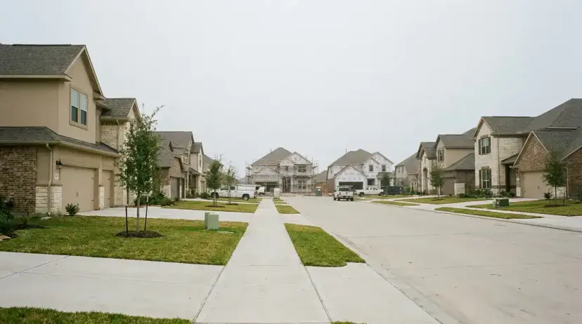 A suburban street of new two-story brick homes, with more houses under construction in the distance.