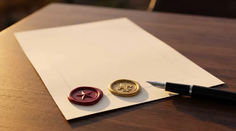 A blank document on a wooden desk with red star and gold fleur-de-lis wax seals beside a fountain pen.