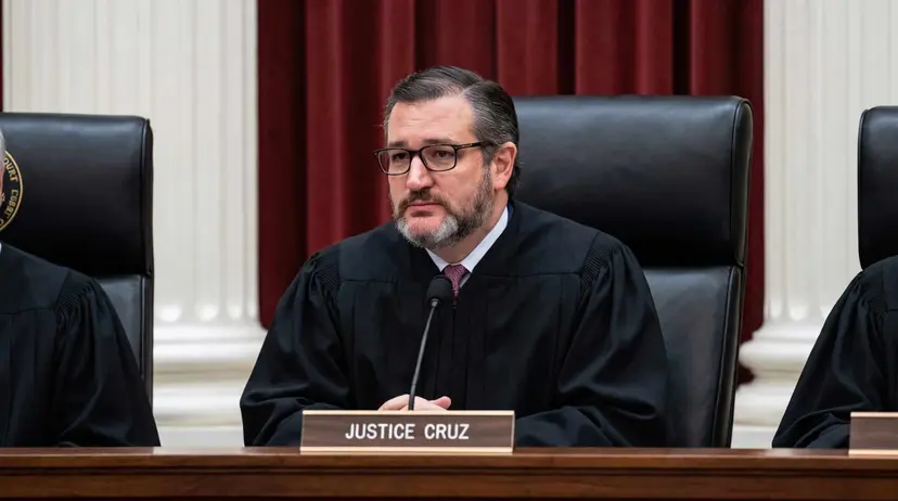 A bearded man with glasses in judicial robes seated at a bench behind a nameplate reading 'Justice Cruz.'