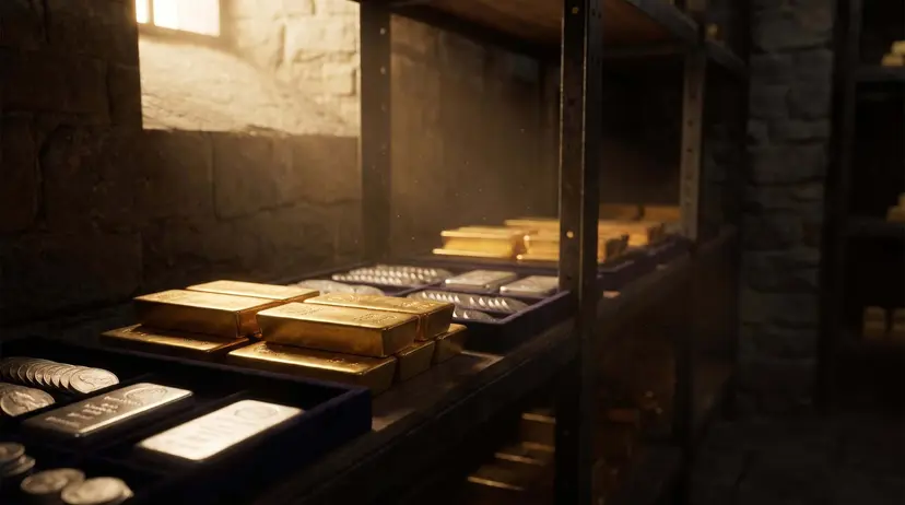 Stacks of gold bars and silver bars and coins on shelves in a stone vault, warm light from a high window