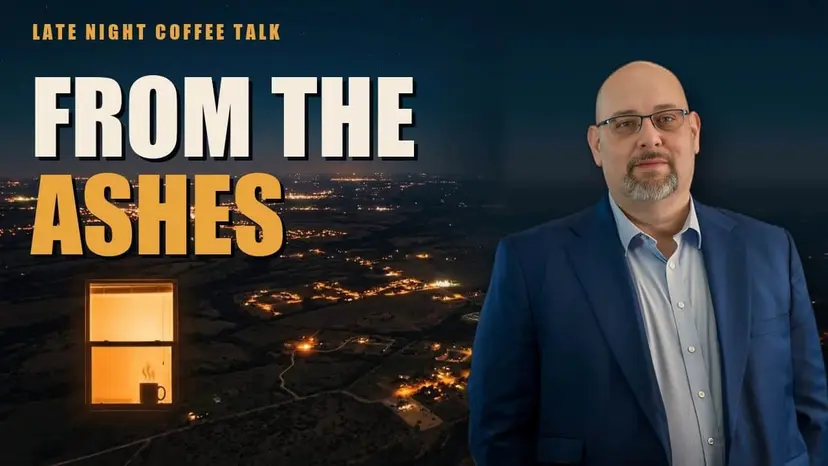 The Late Night Coffee Talk host in a blue blazer beside the words 'From the Ashes' over a nighttime town.